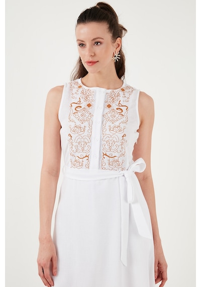 Lela Nakışlı Regular Fit Kolsuz Midi Bayan Elbise 611El00959 Ekru-Camel