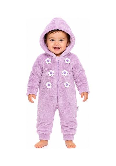 Chicsy Baby Tatlı Kız Bebek Çiçekli Welsoft Tulum 3d Papatya Detaylı Kapüşonlu Fermuarlı Peluş Kışlık Bebek Tulumu Lila