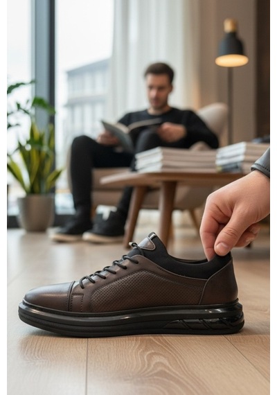 Enoch Hakiki Deri Lazer Kesim Lastikli Günlük Erkek Sneaker Comfort Taban Kahverengi