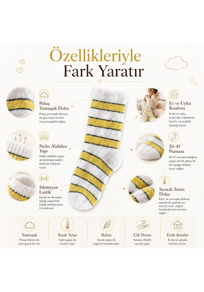 Peluş Çizgili Kadın Uyku Çorabı 36-40 Yumuşak Sıcak Tutan Sıkmayan Ev Çorabı Sarı Beyaz