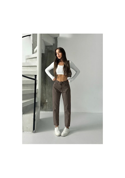Blue Marlın Yüksek Bel Kahverengi Taş Yıkama Mom Jeans Kahverengi Taş Yıkama