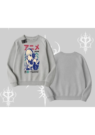 Startmore Biskilet Sweatshirt Anime Kız Desenli Japon Tarzı Gri