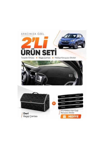 Hyundai İx35 2009-2015 Uyumlu Torpido Örtüsü + Deri Bagaj Çantası + Sticker Seti - Siyah Gri