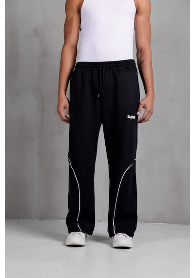 Dark Moda Erkek Oval Şeritli Baskılı Yazlık Baggy Eşofman Siyah
