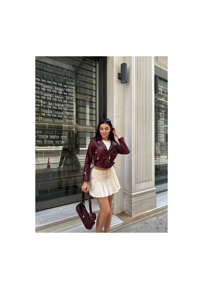 Mulunstyle Kadın Bordo Fermuar Ve Kemer Detay Deri Ceket Bordo Bordo