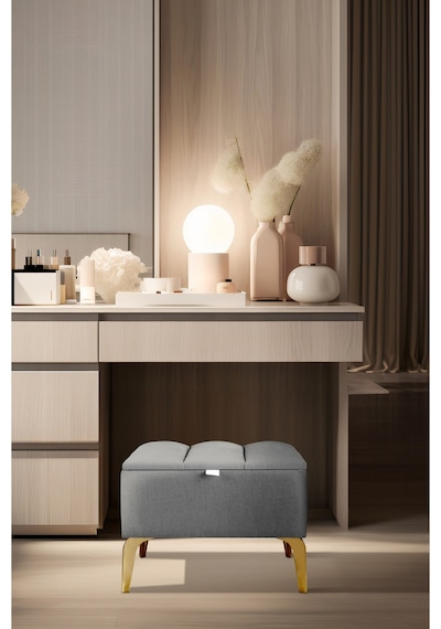 Vetra Mini Royal Gri Kumaş Sandıklı Dekoratif Puf&bench-dilimli Model-gold Ayak-modern Puf