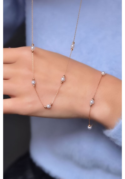 Papatya Silver 925 Ayar Gümüş Rose Dorika Toplu Incili Kolye Bileklik Set