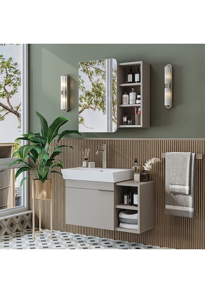 Likya Tek Kapaklı Lavabolu 82 Cm Banyo Alt Dolabı + Üst Dolabı, Lavabolu Mdflam Banyo Dolabı Takımı Kumtaşı Likya Tek Kapaklı Lavabolu 82 Cm Banyo Alt Dolabı + Üst Dolabı, Lavabolu Mdflam Banyo Dolabı Takımı Kumtaşı