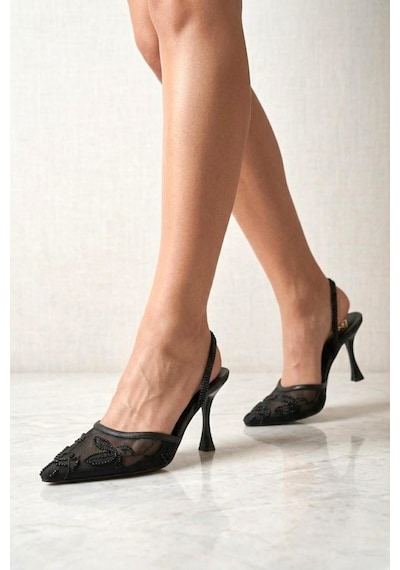 Fox Shoes Y752176315 Siyah File Boncuk İşlemeli İnce Topuklu Kadın Ayakkabı