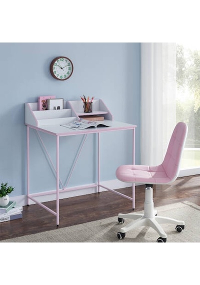 Retro Metal Ayaklı Bölmeli Çalışma Masası-pembe/beyaz 90x75x50 Cm Beyaz