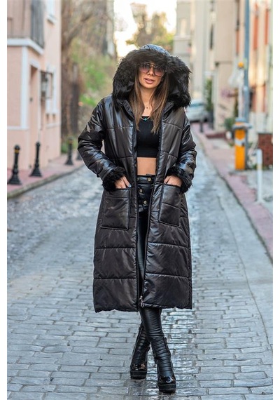Veraura Lifestyle Siyah Kapüşonu Kürklü Kolları Kürklü Büyük Beden Uzun Şişme Kaban