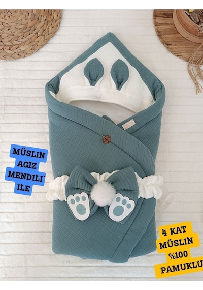 4 Kat Müslin Kiremit Bebek Battaniyesi %100 Pamuklu Doğal Organik Uyku Kundağı Hastane Çıkışı Yeşil