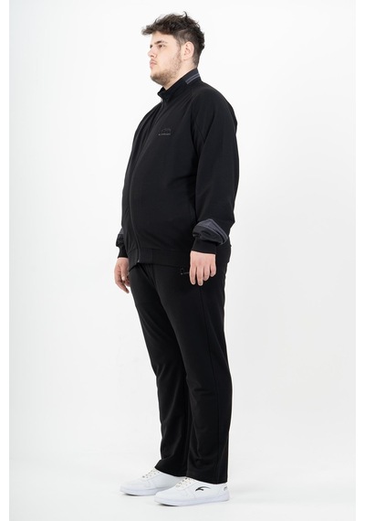 Maraton Sportswear Büyük Beden Erkek Dik Yaka Düz Paça Reglan Kol Basic Siyah-Siyah Eşofman Takımı 22392-Siyah-Siyah