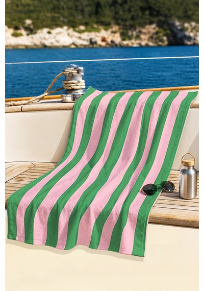 Çizgili Pembe Yeşil Plaj Havlu Örtüsu - Modern Renk Bloklu Hızlı Kuruyan Mikrofiber Havlu Örtü Uçuk Akasya