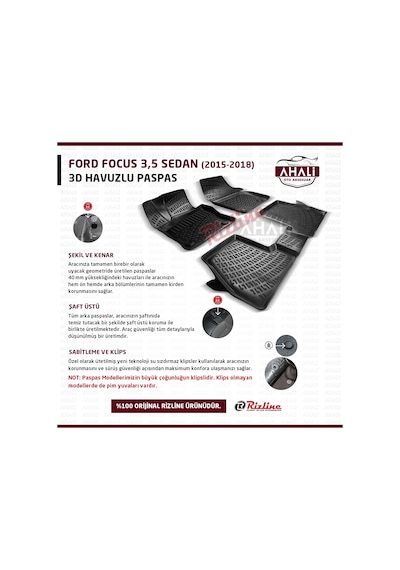 Rizline Ford Focus 3.5 Sedan 2015-2018 3D Havuzlu Paspas