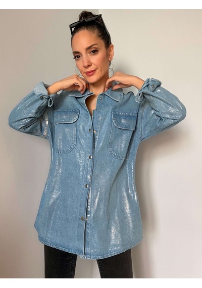 Ali Butik Mavi Renk Gümüş Varaklı Denim Oversize Gömlek Mavi