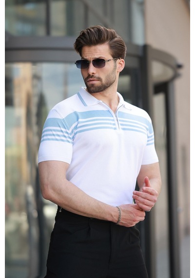 Madmext Beyaz Fermuarlı Polo Yaka Erkek Triko T-shirt E7407 Beyaz
