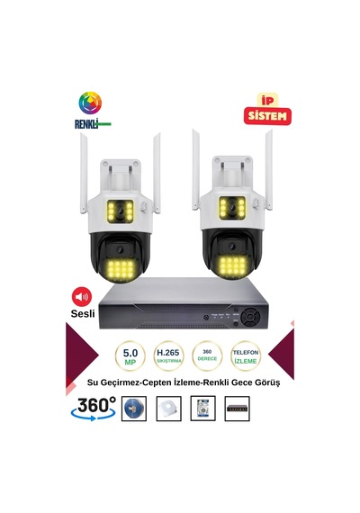 İrtech-2 Kameralı 360 Derece Sesli İp Güvenlik Kamera Seti Renkli Gece Görüş-su Geçirmez Gk01