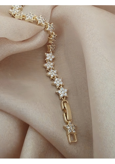 Vip Yıldız Zirkon Taşlı Çit Model 14k Altın Kaplama Çelik Bileklik Gold