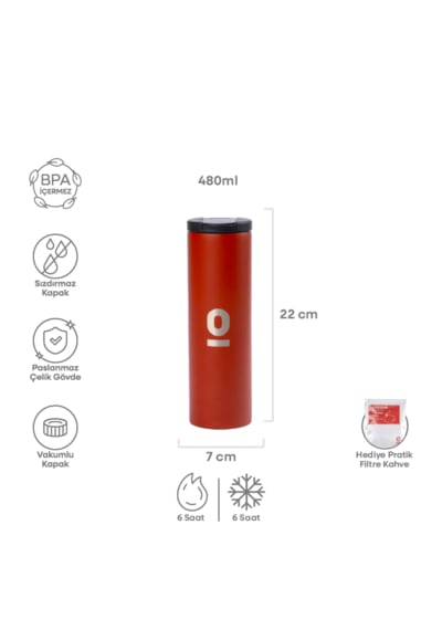 Paslanmaz Çelik Kırmızı Uzun Termos 480 Ml