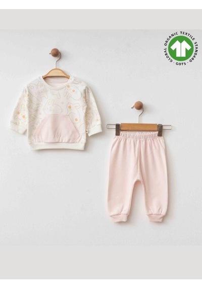 Zekids Kız Bebek Tavşan Baskılı Organik Eşofman Takım-15486 Pudra