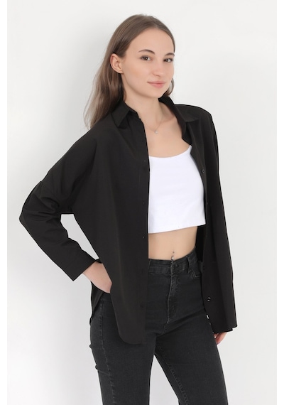 Giysa Kadın Siyah Uzun Kollu Basic Pamuklu Oversize Gömlek - 3900 Siyah