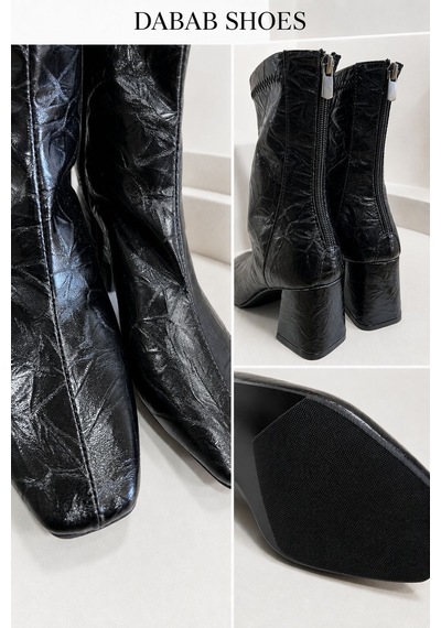 Dabab Shoes Janıce Kadın Siyah Küt Kare Burun Kırışık Desenli Rugan Streç Arkadan Fermuarlı 6 Cm Kalın Topuklu Bot Bootie