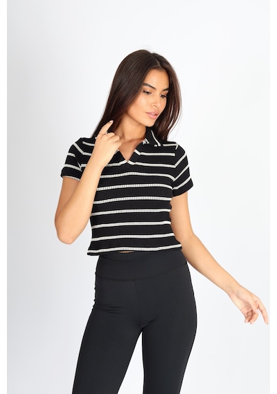 Soft&Basic Polo Yaka Raporlu Jakar Crop Fit T-shirt Siyah