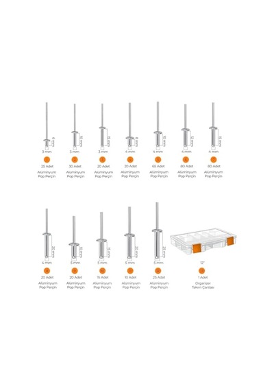 Hobi-4 Alüminyum Pop Perçin Seti 411 Parça 13 Çeşit Organizer Takım Çantalı