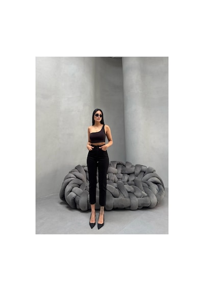 Kene Jeans Kadın Siyah Yüksek Bel Keten Paça Kesik Dar Paça Pantolon Siyah