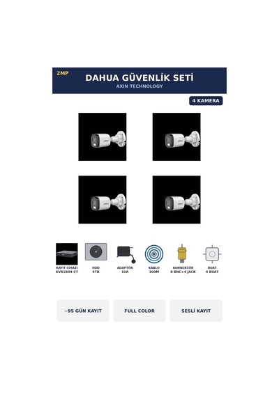 4 Kameralı 2mp Güvenlik Kamera Seti Gece Renkli Full Color Sesli Bullet 4tb 95 Gün Kayıt