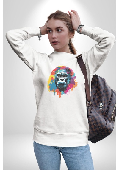 Renkli Maymun Goril Unisex Beyaz Baskılı Sweatshirt Beyaz