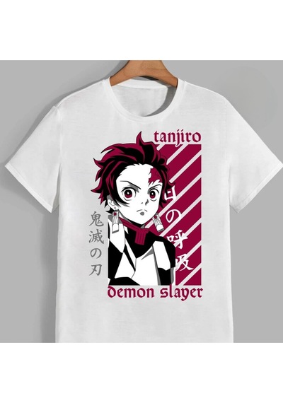 Flood Of Style Anime Desenli Unisex Bay Tişört Tanjiro Iblis Avcısı Beyaz