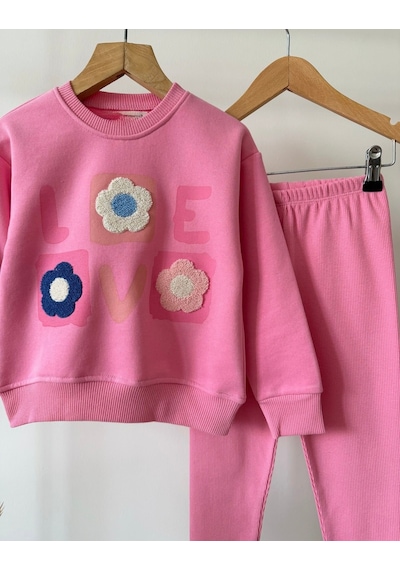 Magu Kız Çocuk Çiçek Aplikeli Pembe Sweatshirt Ve Tayt Takımı