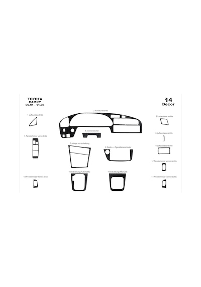 Toyota Camry Torpido Kaplama 1991-1997 14 Parça Siyah Karbon