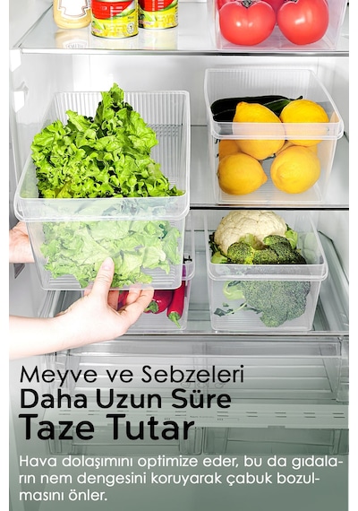 1 Adet Dolap İçi Buzdolabı Düzenleyici - Mega Boy Buzdolabı Meyve Sebze Saklama Kabı Organizer 8 Lt Şeffaf