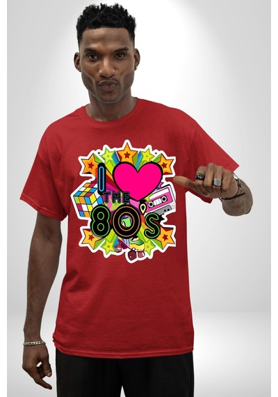 80leri Seviyorum Kaset Ve Özel Hediye Pamuklu Bisiklet Yaka Unisex Oversize Boyfriend Dijital Baskılı Kırmızı T-shirt Kırmızı