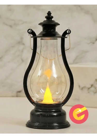 Retro Alev Efektli Led Lamba Pilli Gaz Lambası Modeli Kandil Atmosfer Dekoratif Ramazan Yılbaşı Aydınlatma Siyah