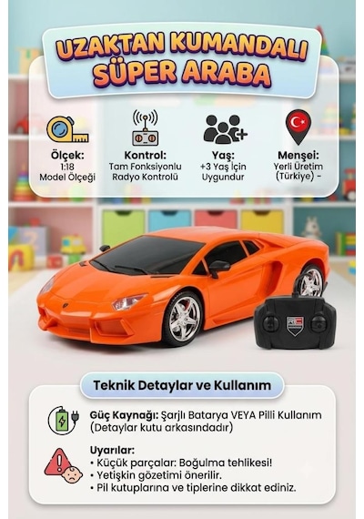Uzaktan Kumandalı Süper Araba 1:18 Ölçekli 4 Fonksiyonlu Radyo Kontrol Sistemli Oyuncak Araba Turuncu