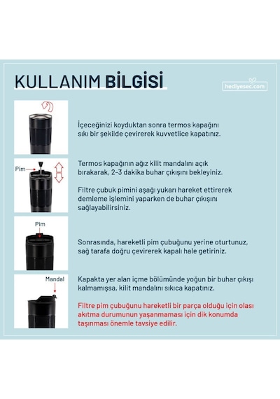 Dikey Isim Tasarımlı French Pressli Çelik Termos Siyah