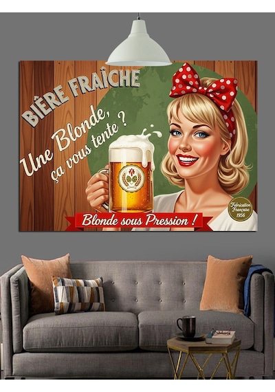 Bira Reklamı Retro Pin-up Dekoratif Kanvas - Mdf Ahşap Tablo