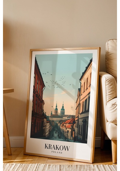Krakow Poland Vintage Seyahat Posteri Çerçeveli Tablo - Premium Tarihi Şehir Elit Duvar Dekoru Kayın