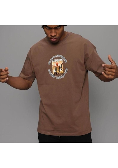Flood Of Style Erkek Kahverengi Common Baskılı Oversize Bisiklet Yaka Tshirt