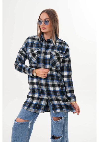 Polologin Butik Kadın Oduncu Mavi Siyah Çizgili Cepli Araboy Spor Gömlek Lacivert