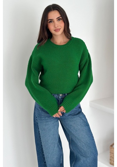 Femelle Yeşil Kadın Oversize Basic Triko Kazak - Standart Beden