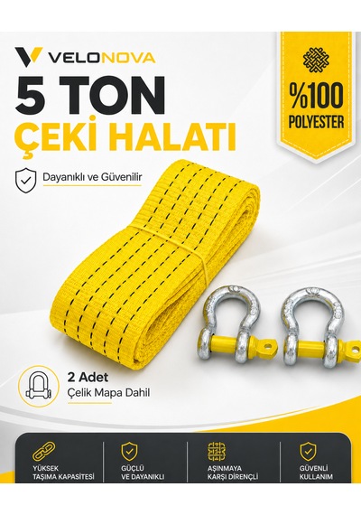 5 Ton Çekme Halatı 3 Metre 5 Cm 2 Adet Omega Kilitli Çelik Mapa Ce Belgeli %100 Polyester Araç Kurtarma Halatı Sarı