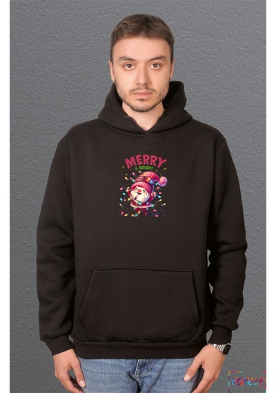 Bumeta 5203 Merry Bright Noel Baba Yılbaşı Sweatshirt Unisex Kapüşonlu Hoodie Siyah