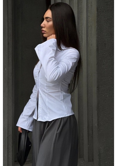 Madmext Beyaz Vücuda Oturan Slim Fit Kadın Gömlek Mg2659 Beyaz