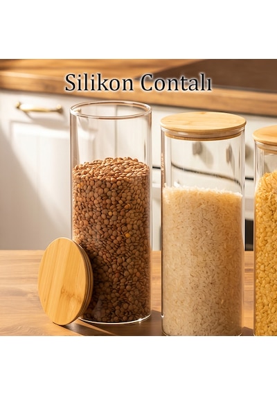 Porsima 3-3 Bambu Vakumlu Kapaklı Yuvarlak Borosilikat Cam 9lu Kavanoz Seti Saklama Kabı 1650ml 10x25cm Şeffaf