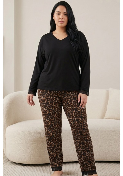 Siyah İnci Pamuklu Likralı Büyük Beden Battal Boy Örme Pijama Takım 26240932 Siyah